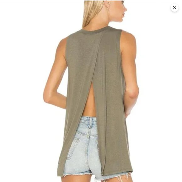 BCBGeneration Tops - BCBGeneration Dusty Olive Short Sleeve Open Back Shirt